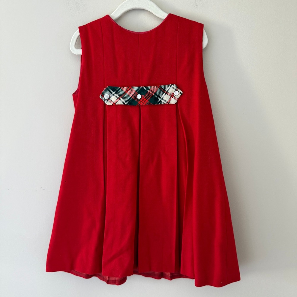 Vintage Red Pleated Jumper Dress with Plaid Button Detail Holiday Christmas Kids